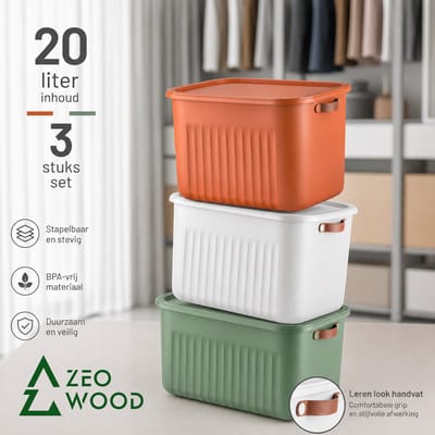 Zeo Wood® - Opbergbox met Deksel - Opbergdozen met Deksel - Opbergmand met Deksel - Set van 3 - 20L - Multicolour