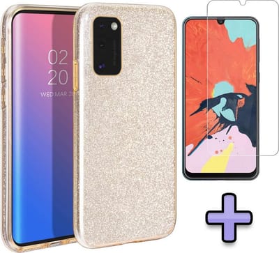 HB Hoesje Geschikt voor Samsung Galaxy A41 - Goud - Glitter Back Cover + Tempered Glazen Screenprotector