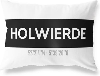 Tuinkussen HOLWIERDE - GRONINGEN met coördinaten - Buitenkussen - Bootkussen - Weerbestendig - Jouw Plaats - Studio216 - Modern - Zwart-Wit - 50x30cm