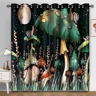 Cartoon Paddenstoel Gordijn Voor Kind Jongen Meisje Slaapkamer Decoratie Psychedelisch Botanisch Aquarel Raambekleding Gordijnen W50xH130(CM)x2PCS-Grommet Top