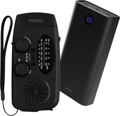 Noodpakket Noodradio Solar Opwindbaar incl. 30.000 mAh Powerbank - FM/AM/SW Radio met Handslinger, LED Zaklamp & SOS - voor Stroomuitval en Rampen - Zwart