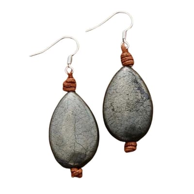 Marama - oorbellen dames Grey Drop - edelsteen piriet - leer - oorhangers - nikkelvrij
