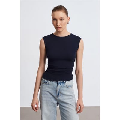 Dames Geribbelde Mouwloze T-shirt met Ronde Hals