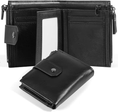 Leren herenportemonnee met RFID-bescherming, 16-in-1 ontwerp, met rits voor munten en anti-diefstal beveiliging, ideaal als cadeau voor mannen, zwart en casual