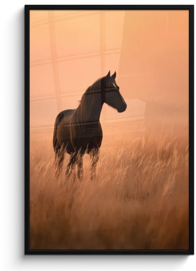 Poster in lijst - Fotolijst 80x120 cm - Posters - Paard - Grasveld - Zonsondergang - Posterlijst zwart - Decoratie - Wanddecoratie woonkamer - Muurdecoratie slaapkamer