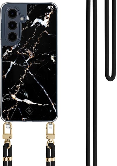 Casimoda® hoesje met zwart koord - Geschikt voor Samsung A16 - Marmer Zwart - Afneembaar koord - TPU/polycarbonaat - Zwart