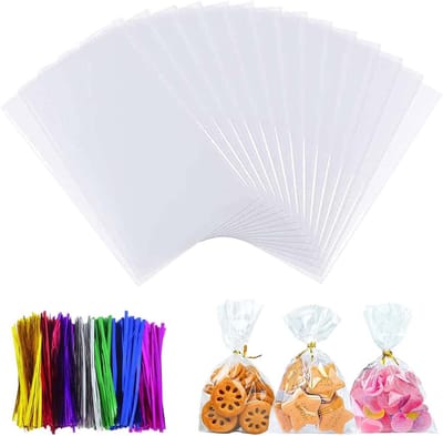 50 Stuks Transparante Cellofaan Tassen voor Voedsel en Cadeaus, Inclusief 50 Kleurige Twist Ties voor Snoep en Koekjes (15 x 25 cm)