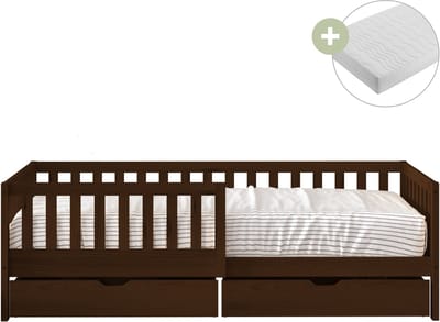 Sunny Isa Kinderbed – Met 2 Opberglades – Kinderbed met Uitvalbeveiliging - 206 x 98 cm – Peuterbed Meisjes en Jongens – FSC 100% Hout – Met Lattenbodem – Inclusief Matras – Bruin