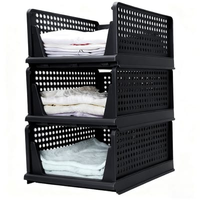Eleganca Kastorganizers - Set van 3 - B33 x D42 x H56 cm - Ladeboxen - Set van 3 - Opbergbox - 60L - Stapelbare Opbergdozen - Polypropyleen - Zwart