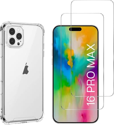 Hoesje voor iPhone 16 Pro Max backcover Shockproof siliconen Transparant en 2 stuks Screenprotector Gehard Glas