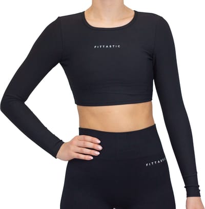 Fittastic Sportswear - Noir Zwarte sportshirt dames - Sport crop top Noir Zwart - Long sleeve backless sportshirt dames - Backless sport crop top met open rug - Maat L - Backless top - Yoga top - Hardloopshirt - Dames - Noir Zwart - Maat L