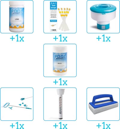 Zwembad Onderhoudspakket - Onderhoud Zwembad - bevat Chloor - Testrips - Chloordrijver - Chloor - Schoonmaakset - Thermometer en Scrubborstel (7-delig)