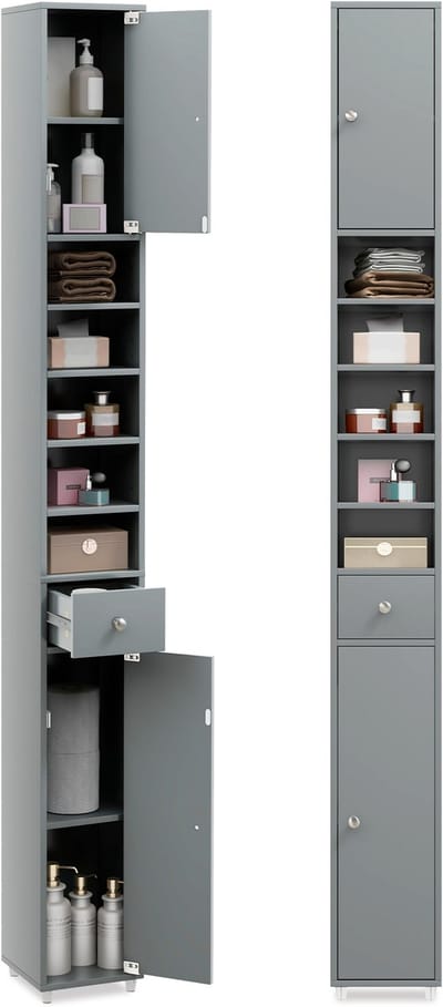 COSTWAY Badkamerkast hoog kast smal, Opbergkast met 2 deuren, 1 lade en verstelbare planken, ruimtebesparend badkamerrek voor badkamer, woonkamer, keuken, 20 x 20 x 180 cm