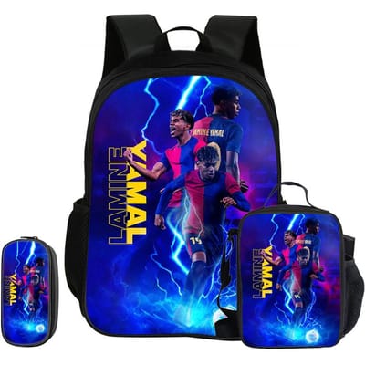 Kinderrugzak L-Lamin Yamal Voetbalster 3-delige Set Schoolrugzak Etui's Boekentas met Lunchtas Sportrugzak Kindercadeau black
