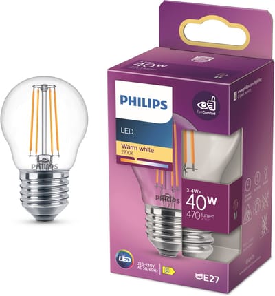 Philips LED lamp - Kogellamp met E27 fitting - Warmwit licht: 2700K - 40W - Helder glas