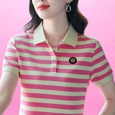 Gestreept T-shirt met korte mouwen voor dames In de zomer Nieuwe reversmode Modieus moederpoloshirt Veelzijdige top 4XL black