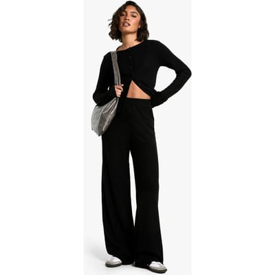 boohoo Dames Lange Geborstelde Cardigan en Wijde Pijp Co-ord | Zwart | Maat: 36