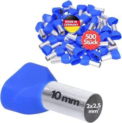 500 stuks Kalitec AET2510BL dubbele adereindhulzen geïsoleerd 2x2,5mm² 10mm lang blauw I Made in Germany I Industriële kwaliteit