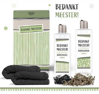 Geschenkset "Bedankt meester" - 4 producten - 650 gram - Triomf Cosmetica | Giftset voor hem Meesterdag Cadeau leraar Docent Overblijfmeester Einde schooljaar Afscheid Leerkracht Stagiair Luxe Cadeaubox Geschenk Set Pakket Man Groen