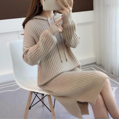 Pull Tricoté Printemps et Automne Haut à Capuche Décontracté Ample Robe Mi-longue Épaisse pour Femme S gray