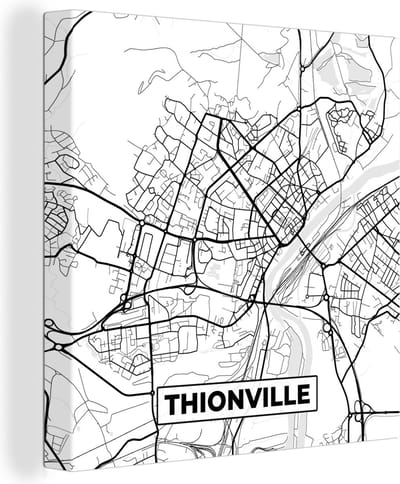 Canvas Schilderij Stadskaart - Thionville - Frankrijk - Kaart - Plattegrond - Zwart wit - 20x20 cm - Wanddecoratie