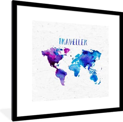 Poster in lijst - Fotolijst 40x40 cm - Posters - Wereldkaart - Aquarelverf - Reizen - Posterlijst zwart - Decoratie - Wanddecoratie woonkamer - Muurdecoratie slaapkamer