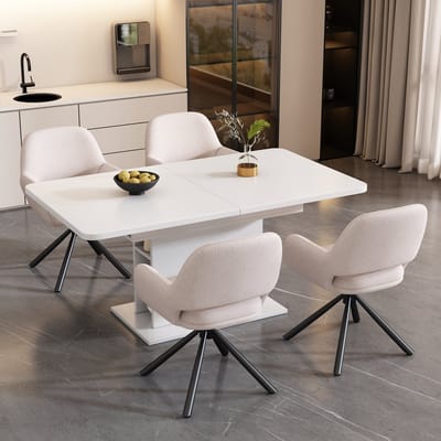 Eettafelset - 1 Tafel + 4 Stoelen - Uitbreidbare Rechthoekige Tafel met Sherpa Stoelen - Metalen Poten - Wit