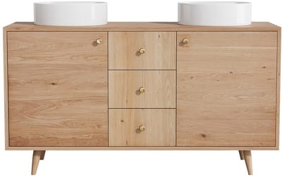 Vente-unique Badkamermeubel van massief eikenhout met ronde opzetwastafel - Licht naturel - 145 cm - ZARENO