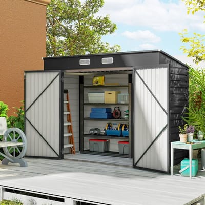 Tuinhuis Metaal, Metalen Schuurtje, Tuinberging Metaal, Gereedschapshok, Buitenopslag Schuur, Stalen Tuinschuur, Gereedschapsschuur, Dubbele Deuren, 249B X 121D X 166/183H Cm, Grijs