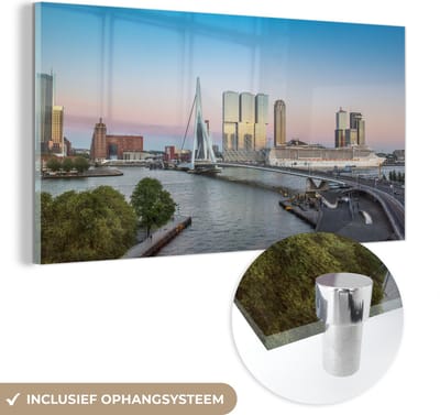 MuchoWow® Glasschilderij 120x60 cm - Schilderij acrylglas - Rotterdam - Water - Brug - Foto op glas - Schilderijen