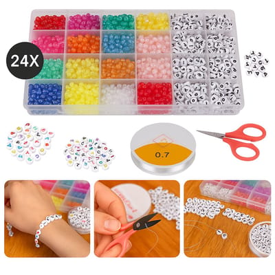 Cheqo® Kralenset voor Sieraden Maken - Kralen Set - 24 Soorten - Inclusief Draad en Schaar - Perfect voor DIY Armbanden
