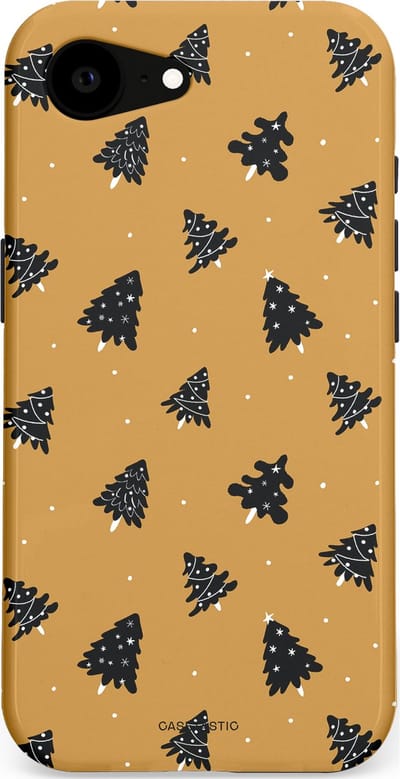 Casetastic hoesje geschikt voor Apple iPhone 16e / Apple iPhone 17e - MagSafe - Dubbellaagse bescherming - Zwarte Kerstboom Feest - Fashion Case - Goud Donkergrijs Taupe