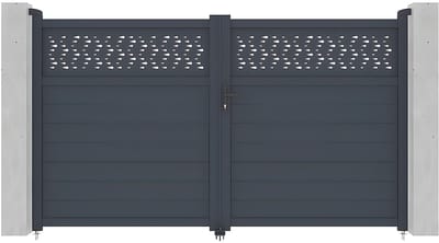 Vente-unique Elektrische draaipoort van aluminium met motieven - Halfopengewerkt - L.305 x H.182 cm - Antraciet - BAZIO