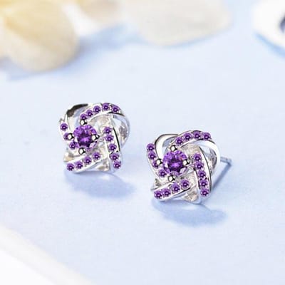 925 Sterling Zilver Bloem Klaver Stud Oorbellen Bruiloft Elegante Zirkonia Steen Oorbellen Voor Vrouwen Fijne Sieraden paars