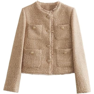 Dames Jas Tweed Cropped Jas Bovenkleding Herfst Winter Crop Jas Vrouw Lange Mouw Elegante Korte Jassen XS kaki
