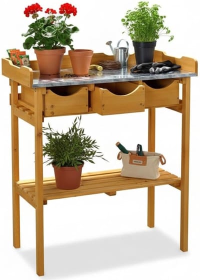 Tuinwerktafel met Laden - Plantenmeubel Buiten - Planten Verzorgen - Drie Opbergvakken - 80 x 40 x 82 cm - Honingbruin
