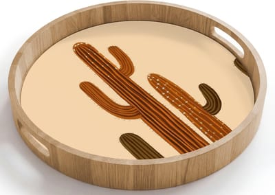 Dienblad rond 40x40 cm - Schootdienblad hout - Cactus - Woestijn - Zand - Bruin - Borrelplank rechthoek - Plateau houten dienbladen
