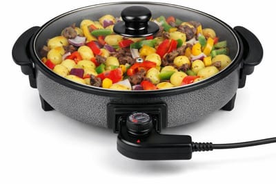 alpina Hapjespan - Partypan met Deksel en Thermostaat - Antiaanbaklaag voor Bakken en Warmhouden - 1500W Elektrisch Hapjespan met Glazen Deksel - Cooltouch Handvatten - Ø40cm