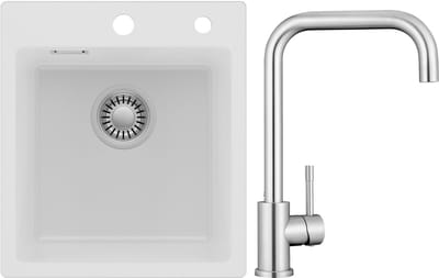 Auralum max Spoelbak voor keuken 40x45CM - Graniet Spoelbakken Met 360°Draaibereik Keukenkraan - Enkele spoelbak Wit - Met waterafvoersysteem - Voor 40 cm kast