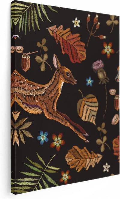 Artaza Canvas Schilderij Herten Borduurstijl - 30x40 cm - Klein - Muurdecoratie Bloemen - Wanddecoratie Herfst - Kamer Accessoires