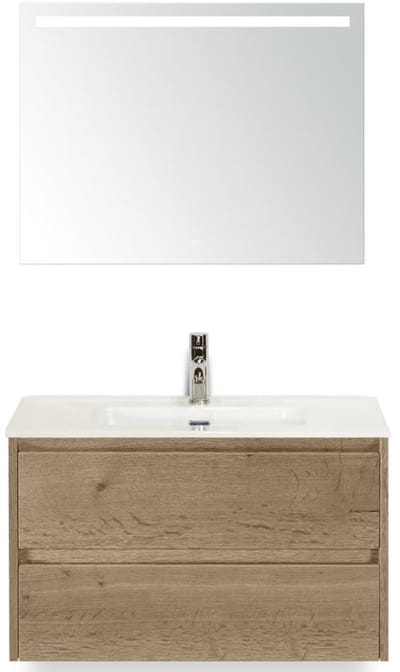 Dante Badmeubelset 80 cm - Natuur Eiken - Keramische Wastafel Wit Cover met Sence Spiegel