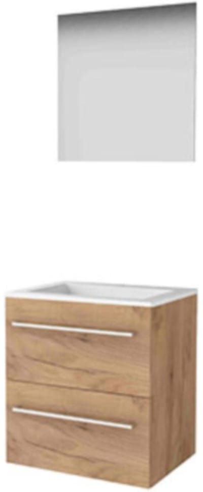Basic-Line Ultimate 46 Badkamermeubelset - 60 x 46 cm - Met Grepen - 2 Lades - Acryl Wastafel - 1 Kraangat - Spiegel met Indirecte LED Verlichting - Whisky Oak
