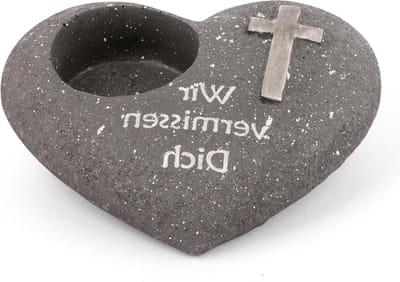 Grave ornament hart - Herdenkingssteen - Gedenken dierbaren - Met kruis en tekst - 19x16x4 cm - Antraciet