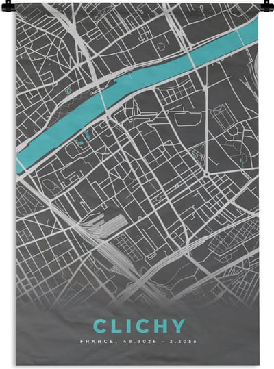 Wandkleed - Wanddoek - Kaart - Stadskaart - Plattegrond - Frankrijk - Clichy - 120x180 cm - Wandtapijt
