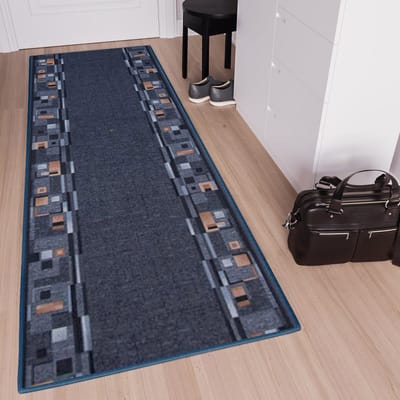 Tapiso Tapijtloper Antislip – Klassiek Geometrisch Donkerblauw – Gangloper Keukenloper Rubber Onderkant op Maat- 80x150