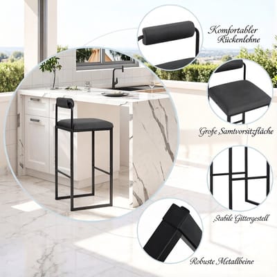 HAUSS SPOLE Barkruk - Barstoel Met Rugleuning - Set Van 2 - Zachte Velvet Zitting Met Voetsteun - Voor Keukeneiland En Bar - Staal Donkergrijs