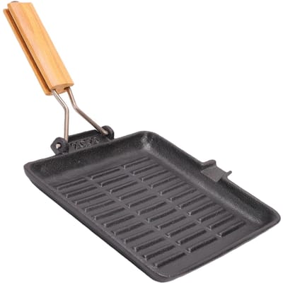Poêle à Griller pour Steak 20 cm Non Revêtue Anti-adhésive en Fonte avec Manche en Bois pour Cuisinières à Gaz Table de Cuisson à Induction L