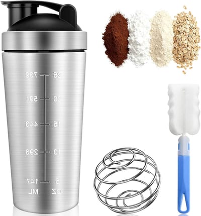 RVS Protein Shaker 750 ml met Roerbal en Borstel, Lekvrij en BPA-vrij, Ideaal voor Fitness en Krachttraining, Duurzaam en Handig voor Sporters