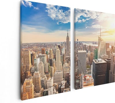 Artaza Canvas Schilderij Tweeluik New York Manhattan Tijdens Zonsondergang - 80x60 - Foto Op Canvas - Canvas Print