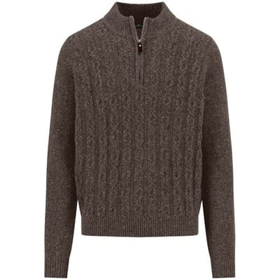 Fynch-Hatton Trui Troyer Zip Cable Knit Donegal Dark Chocolate / male
